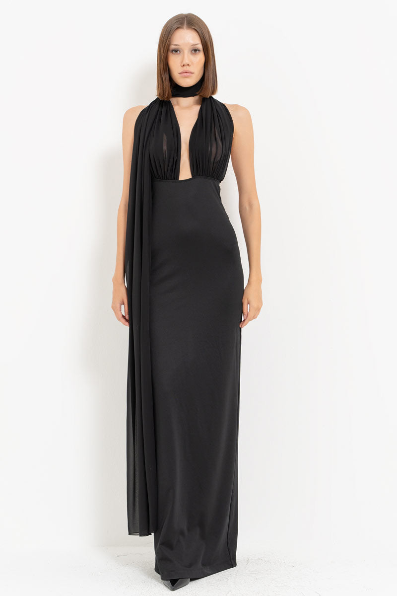VOIL MESH BLACK LONG DRESS