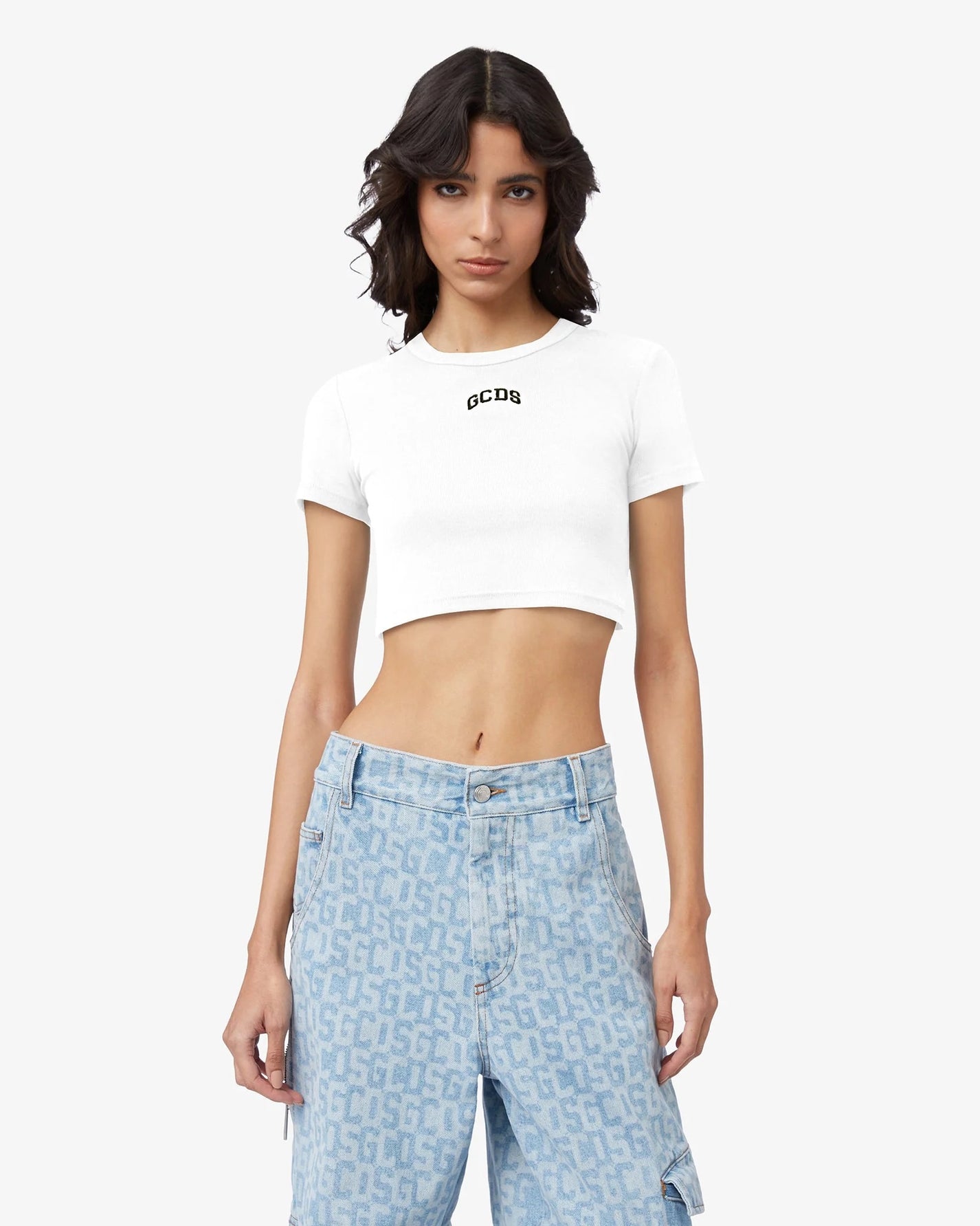 GCDS LOUNGE LOGO CROP TSHIRT WHITE