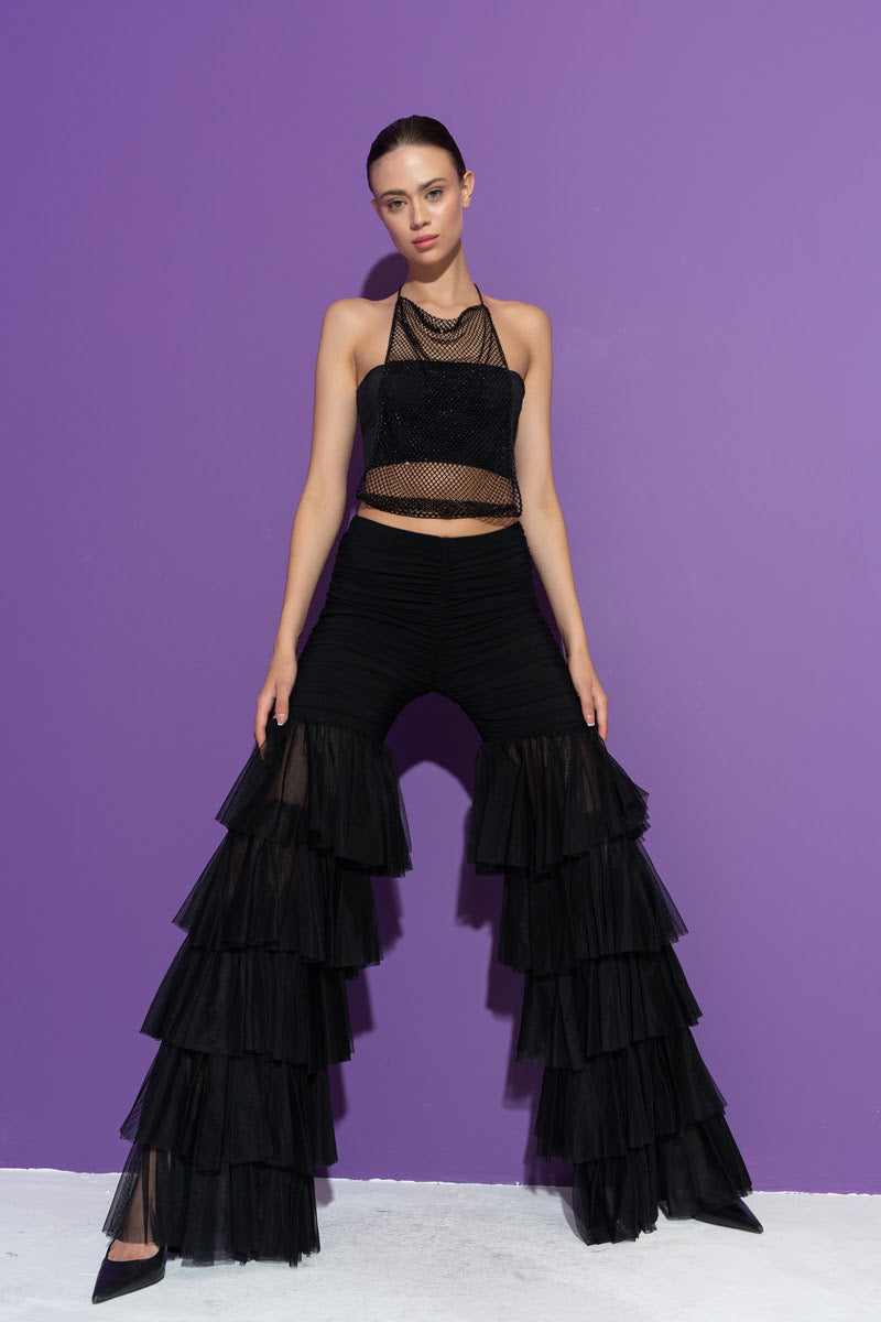 BLACK STRAPPY TULL PANT
