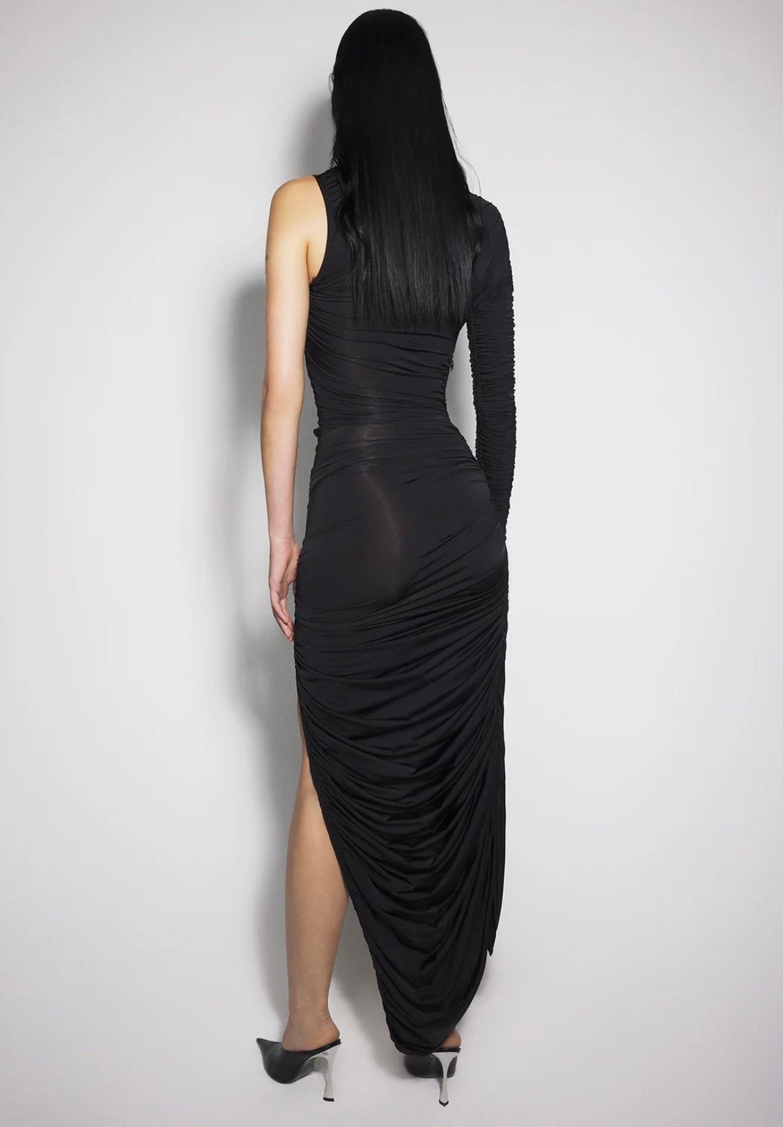 BLACK ASYMMETRICAL PIERCED RUCHED DRESS