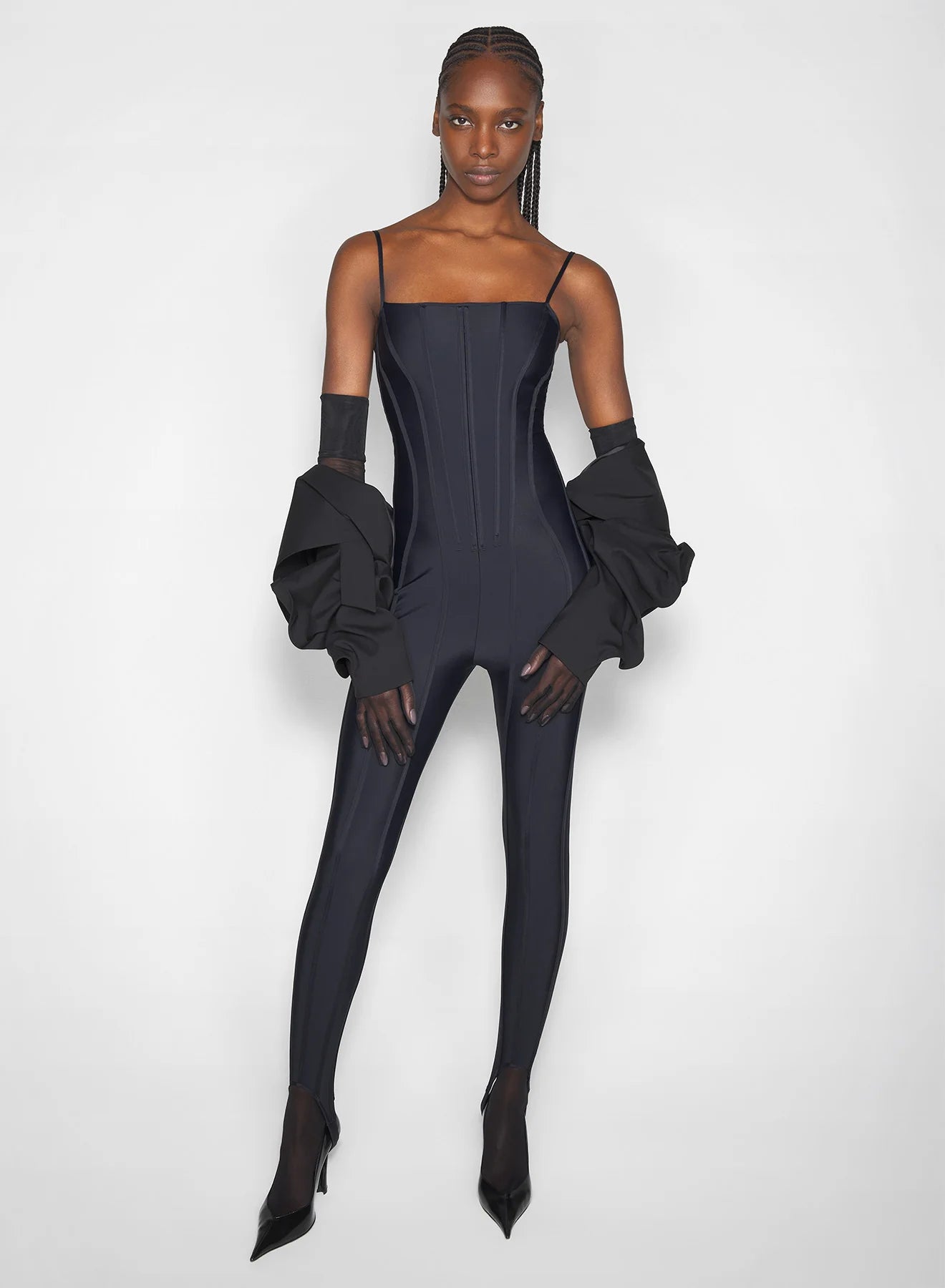 BLACK BONED STRETCH CATSUIT
