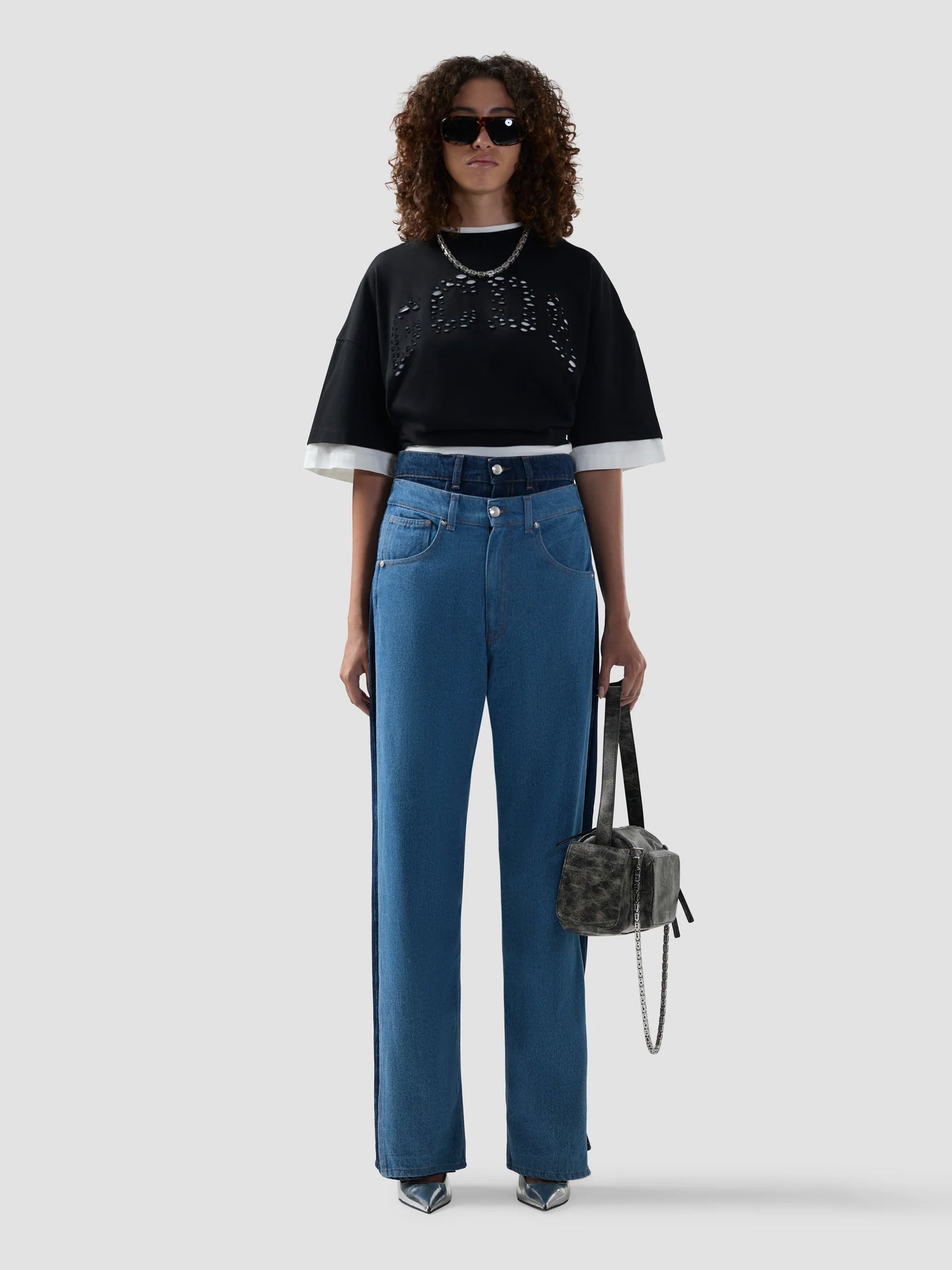 DENIM LAYERED LOOSE FIT TROUSERS