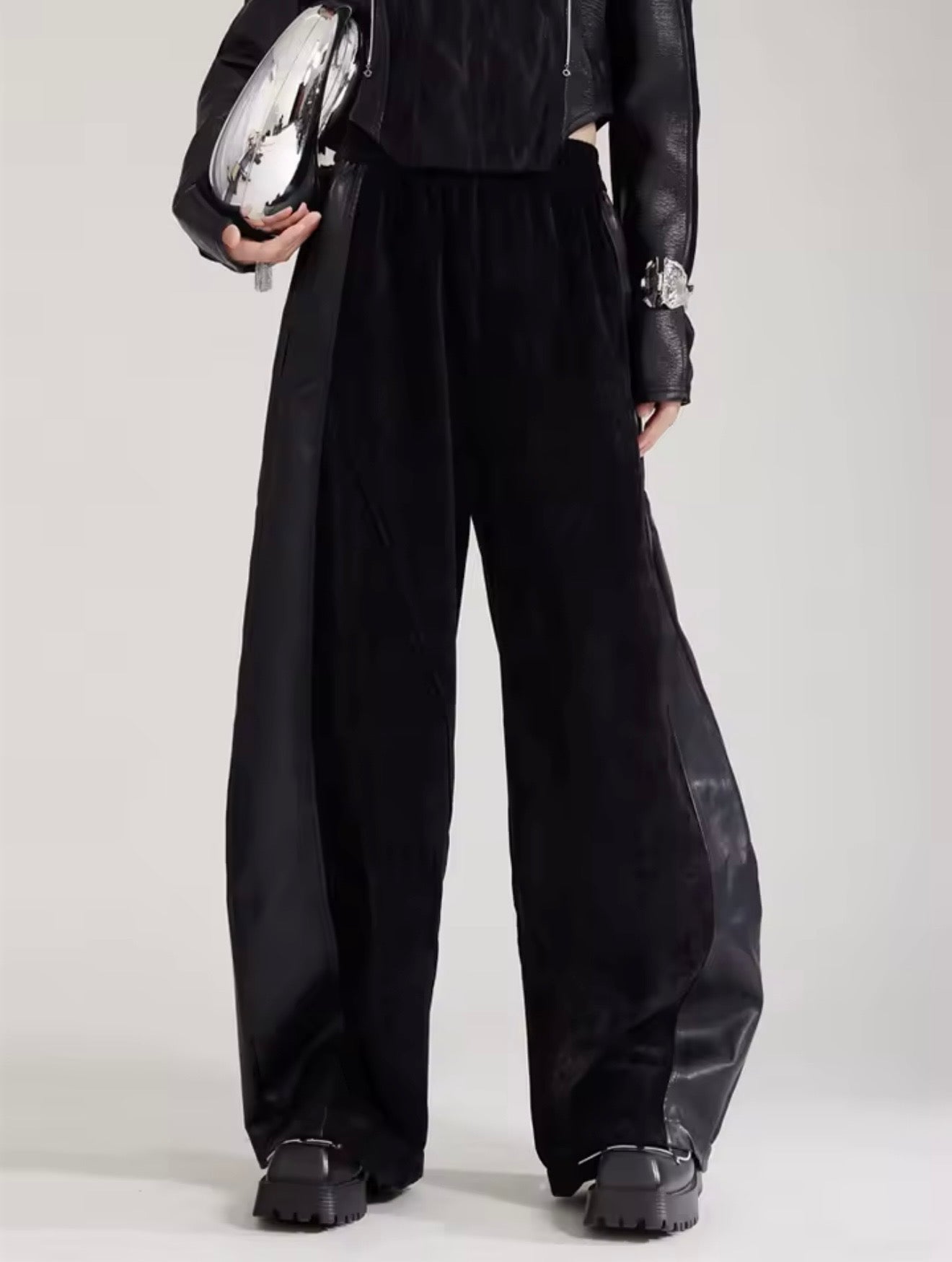 LEATHER SPLICED BLACK PANT