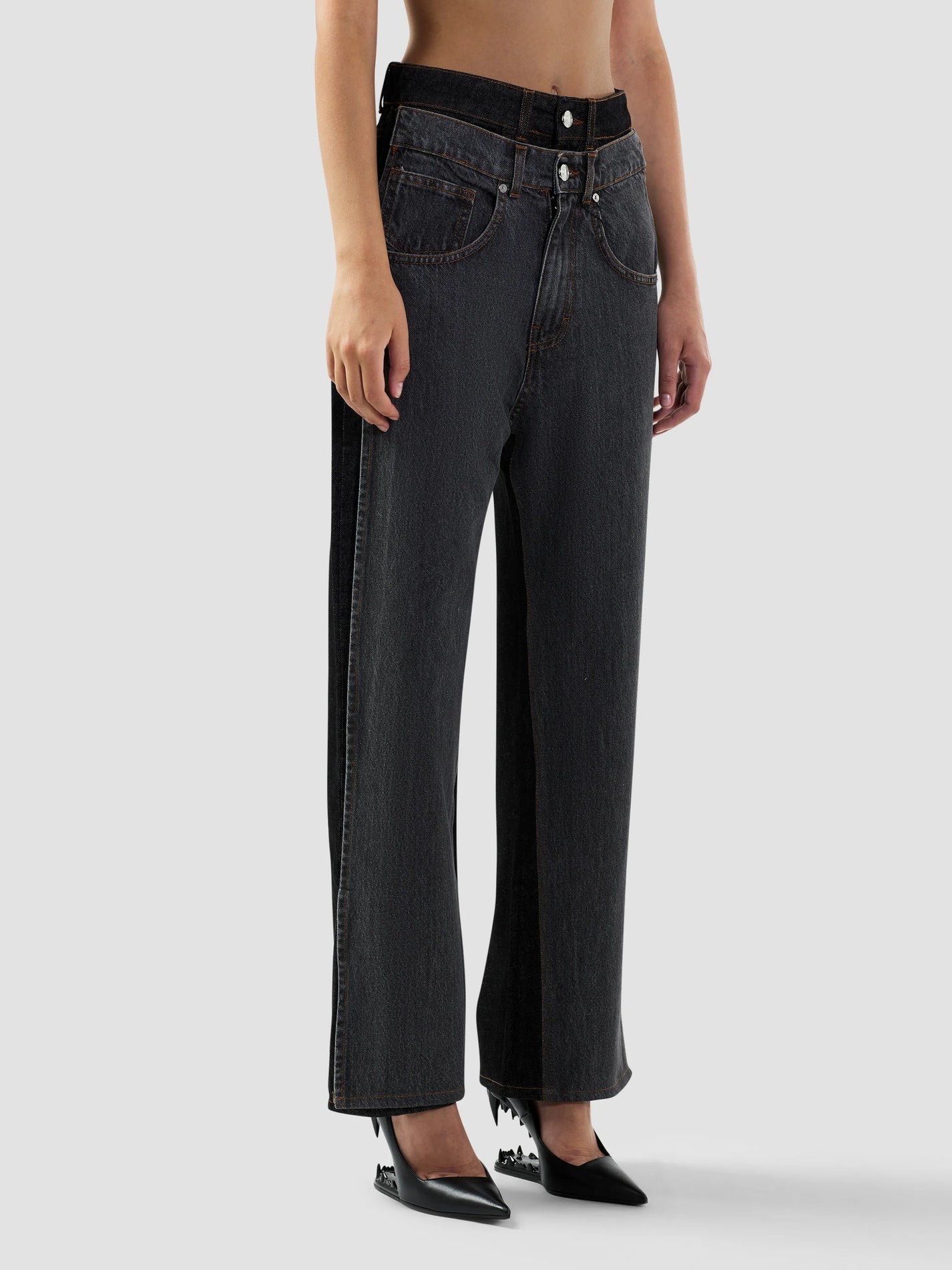 BLACK DENIM LAYERED LOOSE FIT TROUSERS