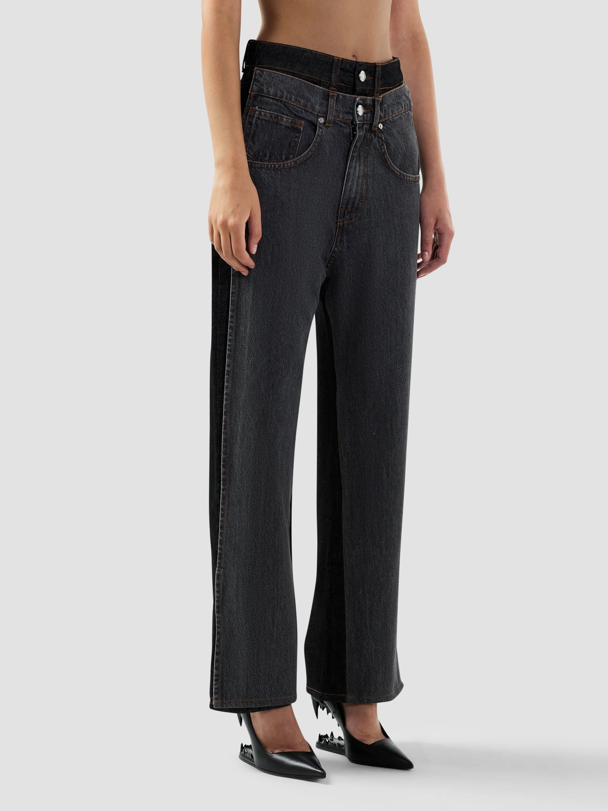 BLACK DENIM LAYERED LOOSE FIT TROUSERS