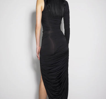 BLACK ASYMMETRICAL PIERCED RUCHED DRESS