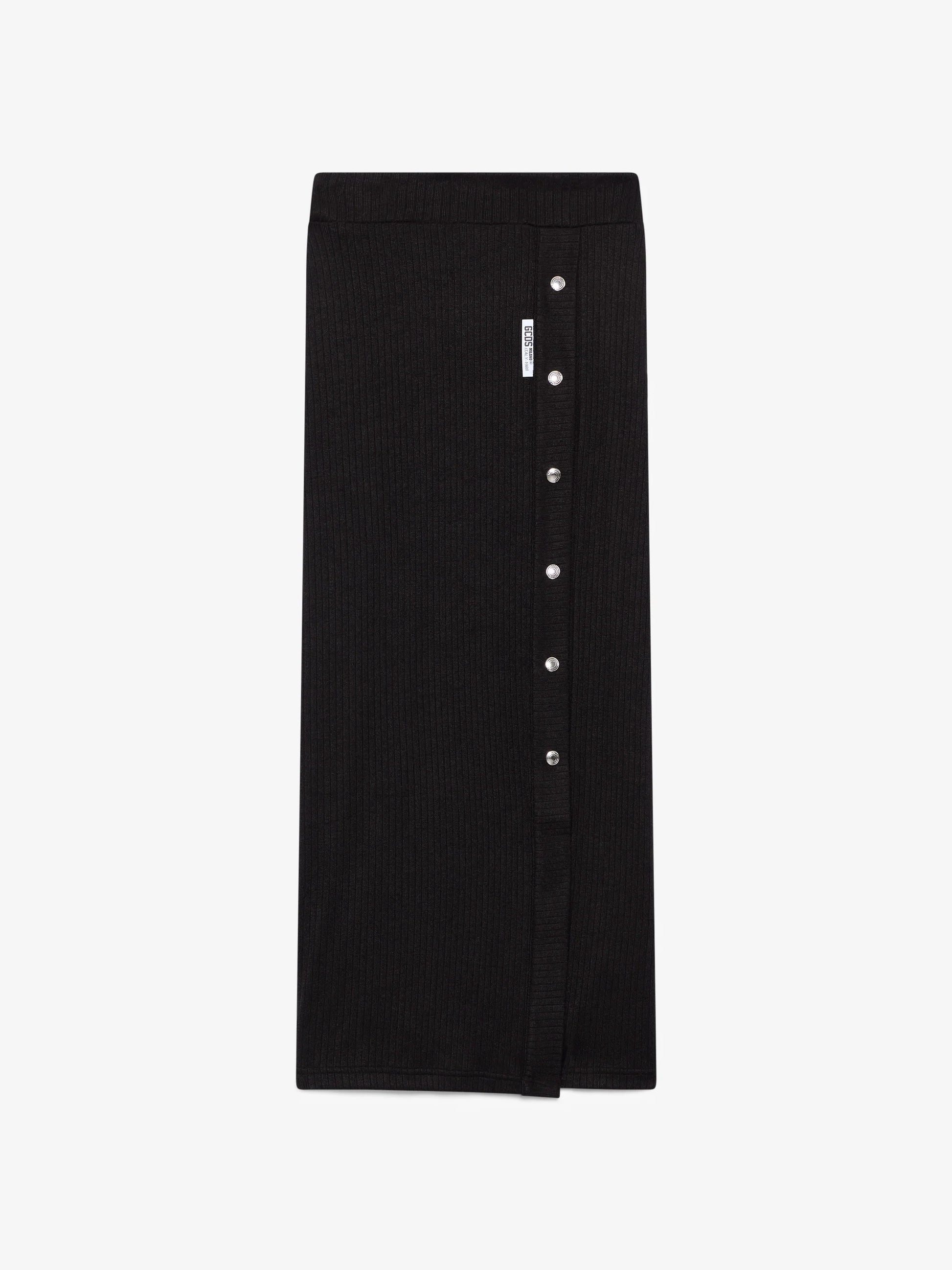 BLACK RIBBED SNAP LONG SKIRT