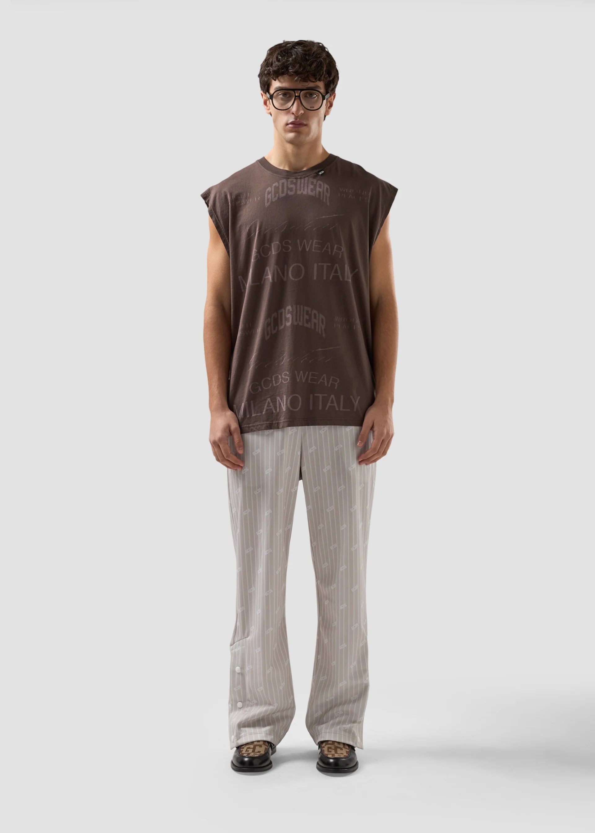 GCDS PINSTRIPE TRACK PANT WITH ALL-OVER LOGO
