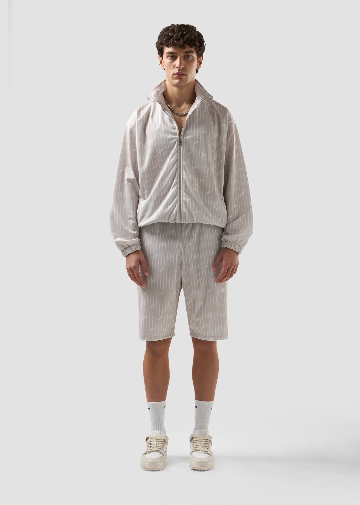 GCDS PINSTRIPE SHORTS WITH ALL-OVER LOGO