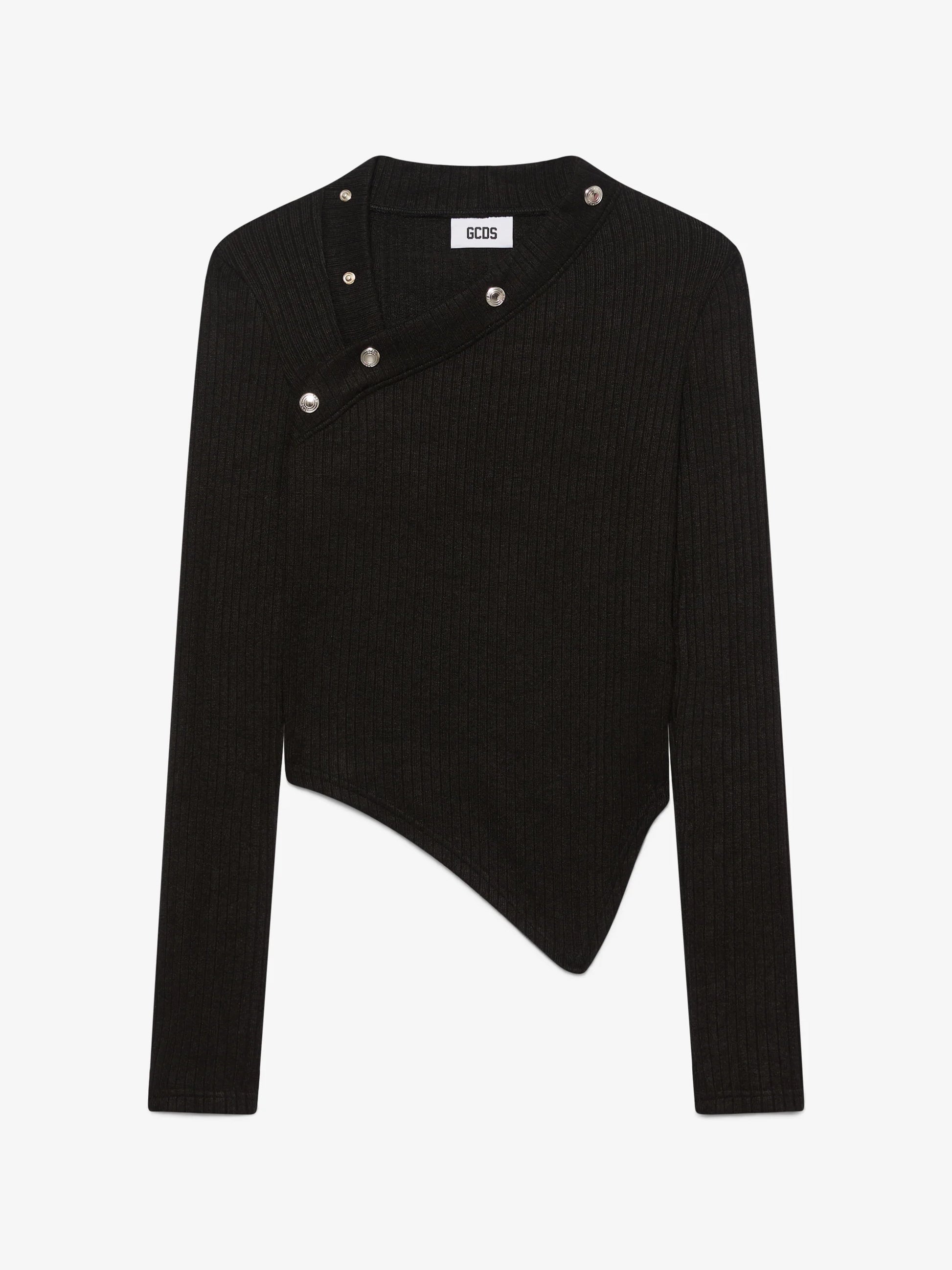BLACK RIBBED SNAP LONGSLEEVES TOP