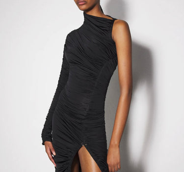 BLACK ASYMMETRICAL PIERCED RUCHED DRESS