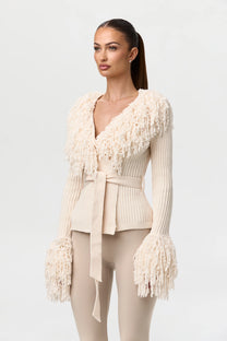 KNIT FRINGE V-NECK CARDIGAN