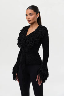 KNIT FRINGE V-NECK CARDIGAN